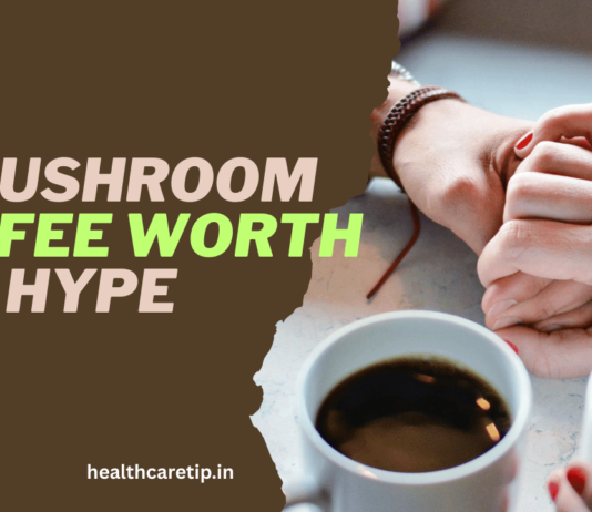 A cup of mushroom coffee with earthy tones and a rustic mug