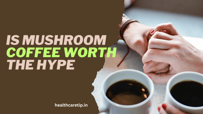A cup of mushroom coffee with earthy tones and a rustic mug