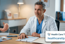 A professional doctor in a clinic discussing weight loss medication and GLP-1 treatment plans with healthcaretip.in branding