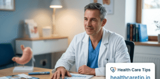 A professional doctor in a clinic discussing weight loss medication and GLP-1 treatment plans with healthcaretip.in branding