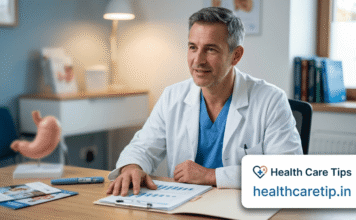 A professional doctor in a clinic discussing weight loss medication and GLP-1 treatment plans with healthcaretip.in branding