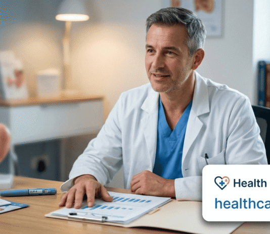 A professional doctor in a clinic discussing weight loss medication and GLP-1 treatment plans with healthcaretip.in branding