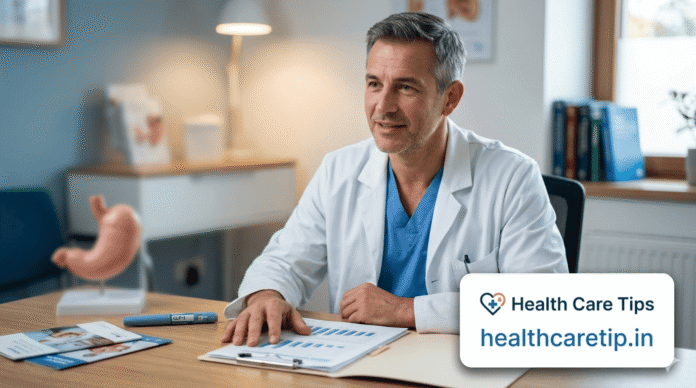 A professional doctor in a clinic discussing weight loss medication and GLP-1 treatment plans with healthcaretip.in branding
